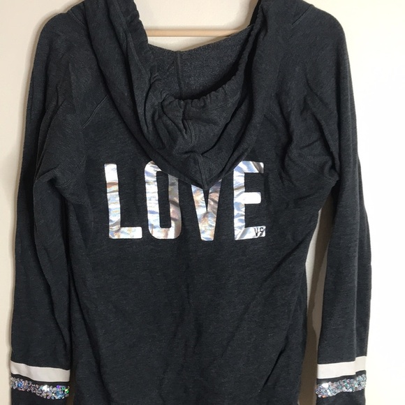 Victoria's Secret LOVE Bling Sleeves Grey Pullover Hoodie Size XS - Picture 11 of 12